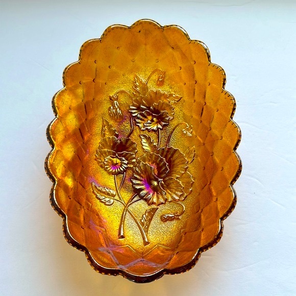 VTG Pansy Flower Marigold Carnival Glass Oval Footed Candy Dish Relish Tray - Picture 6 of 9